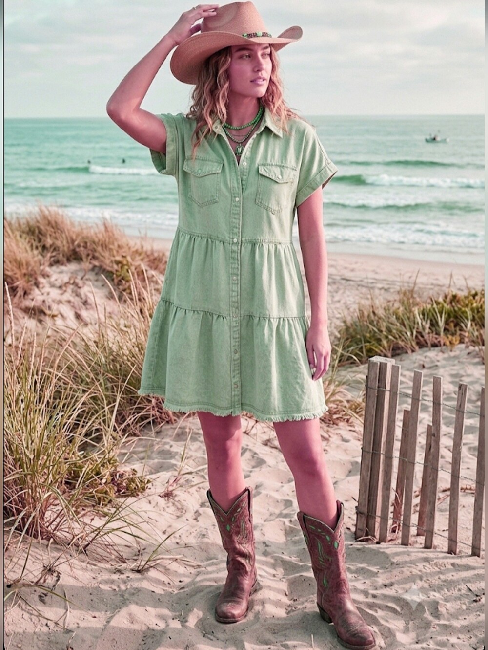 Western Shirt Dress Cotton Raw Hem Pearl Snap Boho Festival Cowgirl Festival